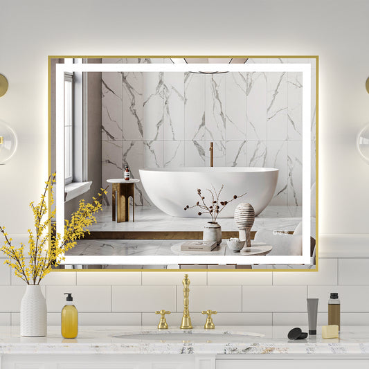 Gold Frame LED Lighted Bathroom Mirror 40"x32", Anti-Fog, Memory Function, 3 Colors Dimmable