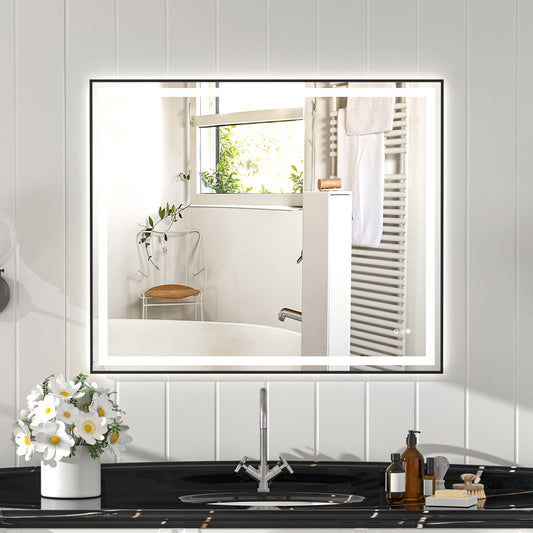 Black Frame LED Lighted Bathroom Mirror 48"x40", Anti-Fog, Memory Function, 3 Colors Dimmable