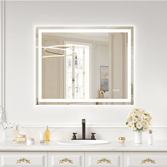 Wall Mounted LED Lighted Bathroom Mirror 40"x32", Anti-Fog, Memory Function, 3 Colors Dimmable