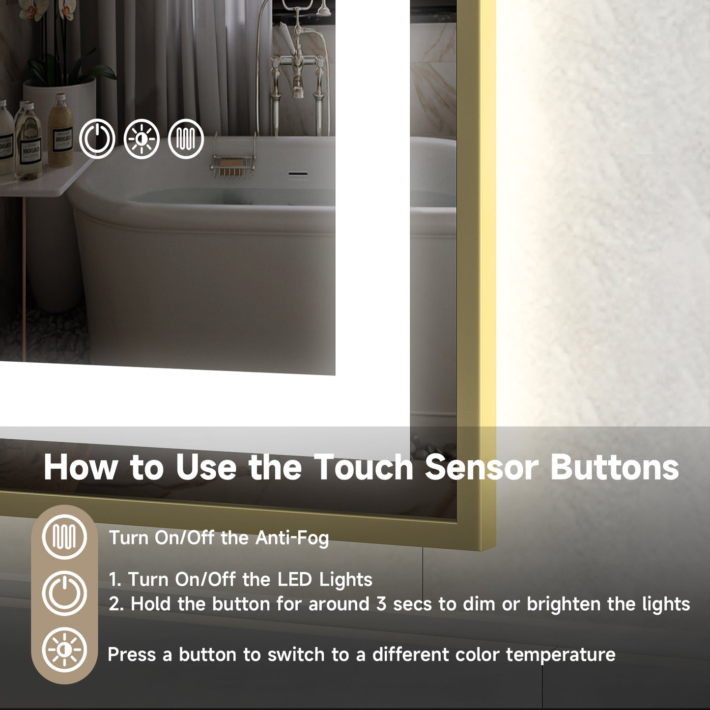 Gold Frame LED Lighted Bathroom Mirror 60"x36", Anti-Fog, Memory Function, 3 Colors Dimmable