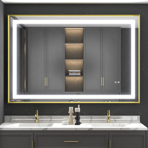Woodsam LED Bathroom Mirror with Gold Frame, Front Lights Dimmable Wall Mounted Large LED Lighted Mirror, 3 Colors, Anti Fog, Memory Function, Shatterproof, Vertical and Horizontal