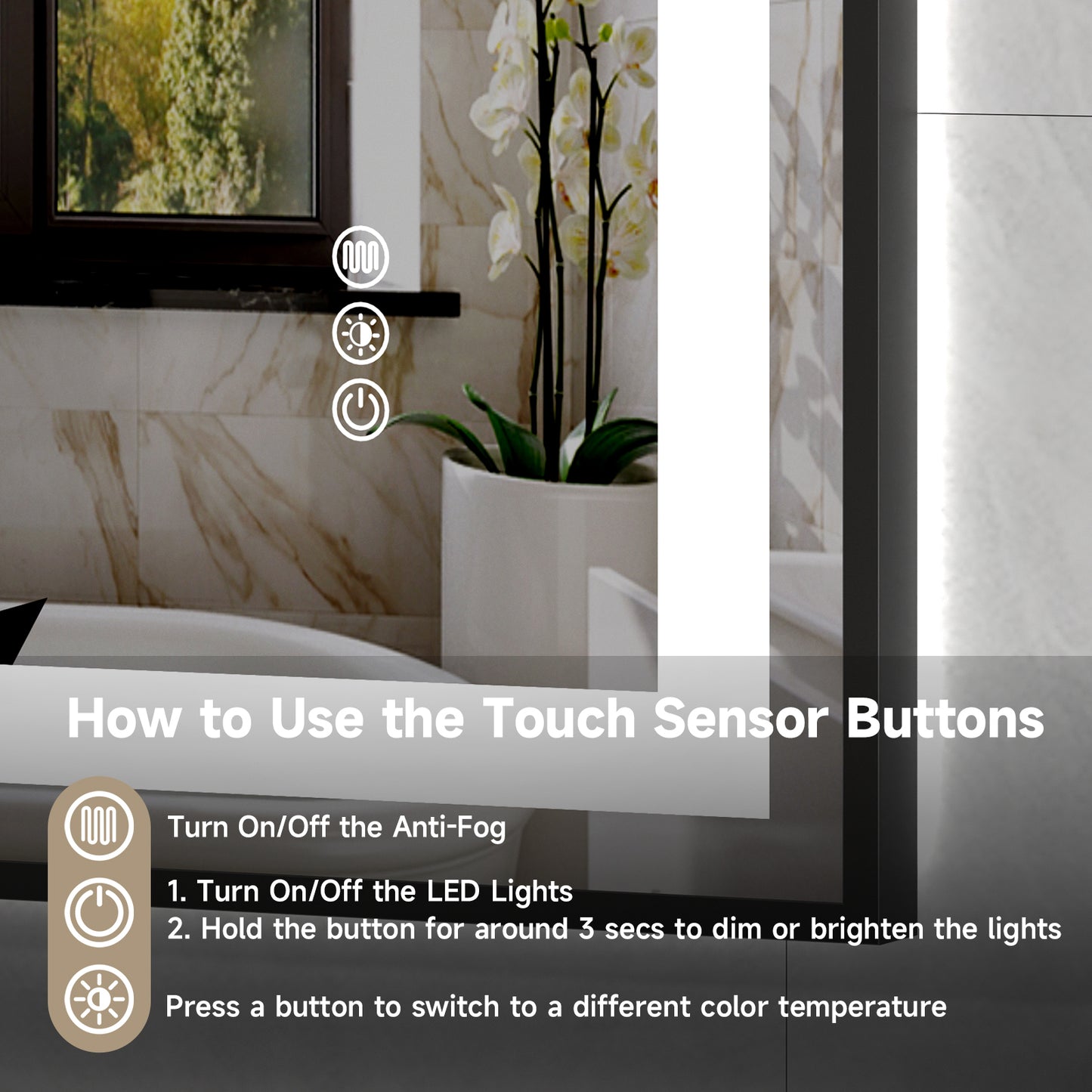 Black Frame LED Lighted Bathroom Mirror 28"x36", Anti-Fog, Memory Function, 3 Colors Dimmable
