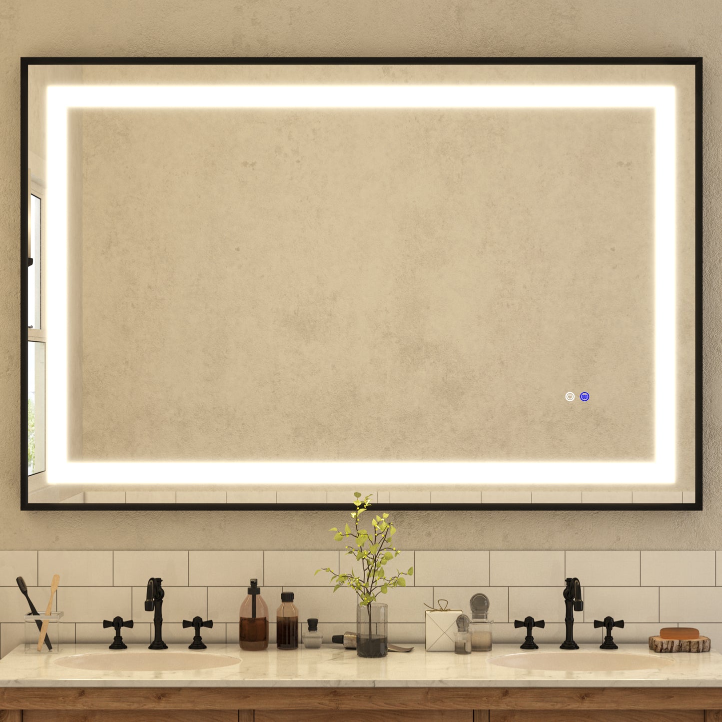 60"x40" LED Bathroom Mirror with Black Frame, Anti-Fog Memory Setting, 3 Colors Dimmable Lighted Bathroom Mirror Wall Mounted