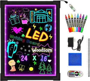 Woodsam LED Drawing Painting Board - 24" x 16" Erasable Non Porous Glass Surface with 8 Fluorescent Window Markers-Best for Chalkboard Blackboard Whiteboard Bulletin/Letter/Spelling/Display/Menu Board
