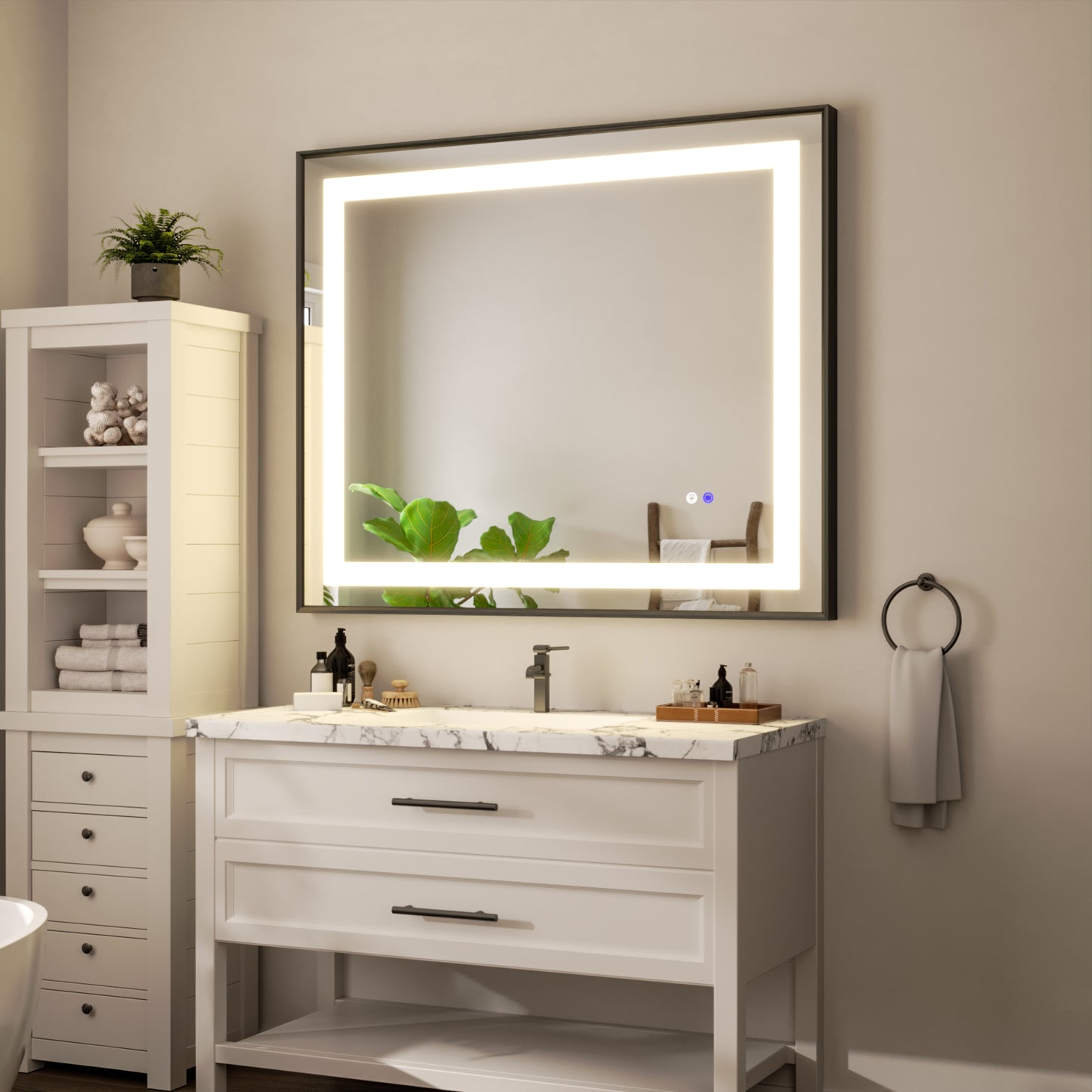 48"x40" LED Bathroom Mirror with Black Frame, Anti-Fog Memory Setting, 3 Colors Dimmable Lighted Bathroom Mirror Wall Mounted