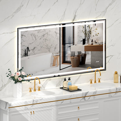 Black Frame LED Lighted Bathroom Mirror 72"x36", Anti-Fog, Memory Function, 3 Colors Dimmable