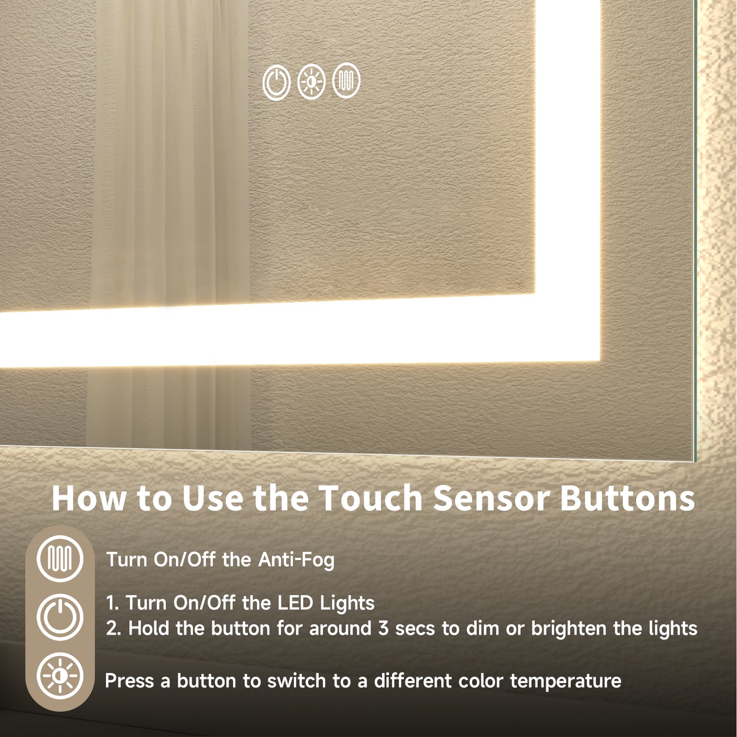 Wall Mounted LED Lighted Bathroom Mirror 60"x36", Anti-Fog, Memory Function, 3 Colors Dimmable
