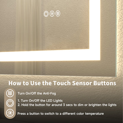 Wall Mounted LED Lighted Bathroom Mirror 60"x36", Anti-Fog, Memory Function, 3 Colors Dimmable