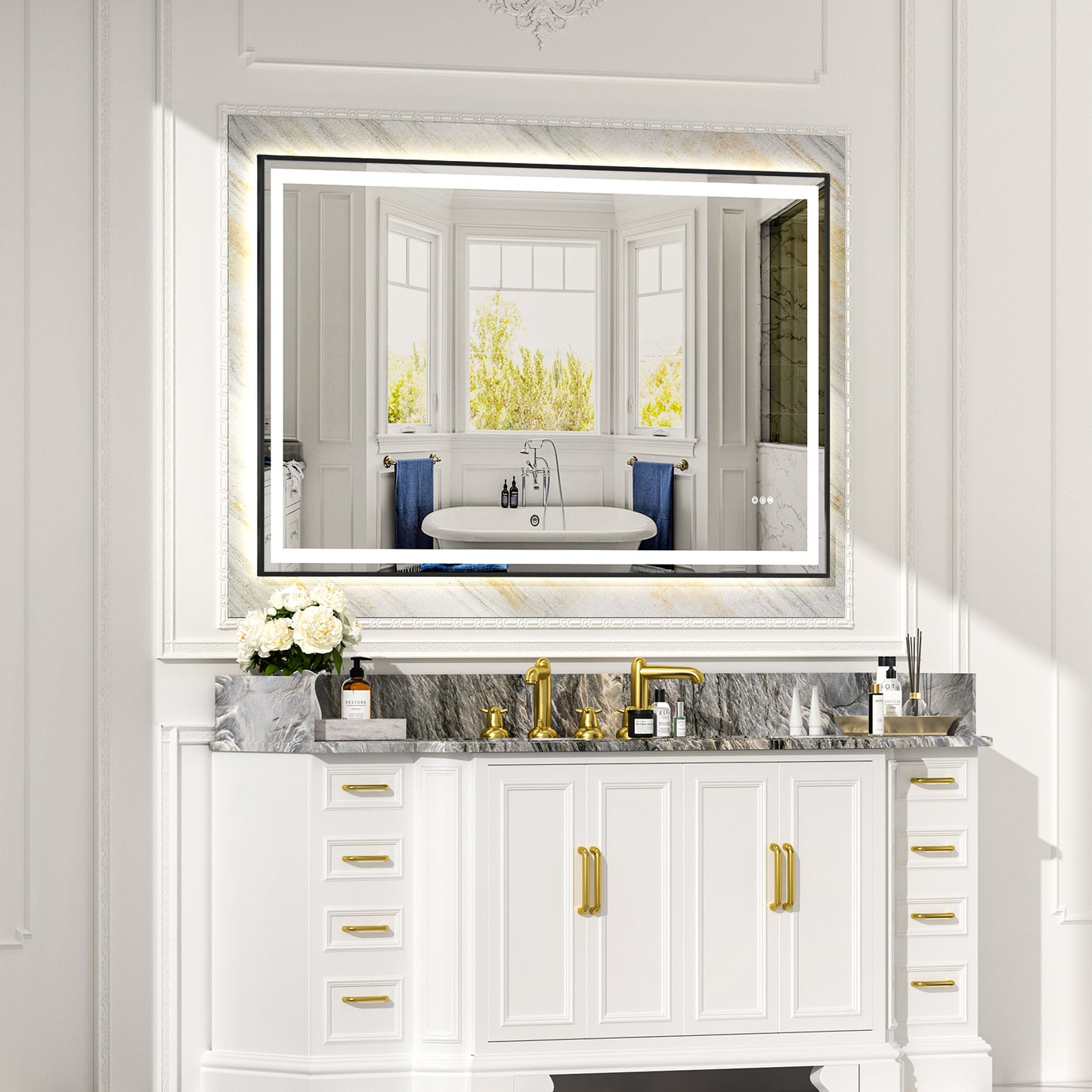Black Frame LED Lighted Bathroom Mirror 60"x36", Anti-Fog, Memory Function, 3 Colors Dimmable