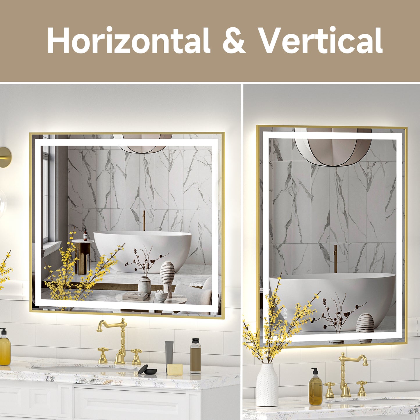 Gold Frame LED Lighted Bathroom Mirror 40"x32", Anti-Fog, Memory Function, 3 Colors Dimmable