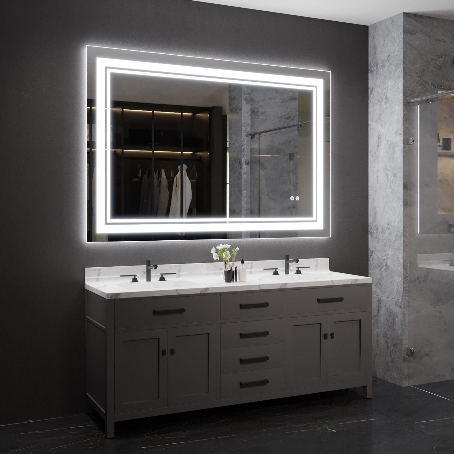 60"x40" LED Bathroom Mirror, Anti-Fog Memory Setting, 3 Colors Dimmable Lighted Bathroom Mirror Wall Mounted