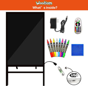 Woodsam Standing LED Board Sign - First Illuminated Easel with Neon Chalk Marker - Rustic Steel Vintage Decor for School, Wedding, Bar, Restaurant, Kitchen, and Home