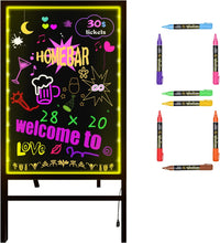 Load image into Gallery viewer, Woodsam Standing LED Board Sign - First Illuminated Easel with Neon Chalk Marker - Rustic Steel Vintage Decor for School, Wedding, Bar, Restaurant, Kitchen, and Home