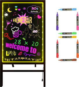 Woodsam Standing LED Board Sign - First Illuminated Easel with Neon Chalk Marker - Rustic Steel Vintage Decor for School, Wedding, Bar, Restaurant, Kitchen, and Home