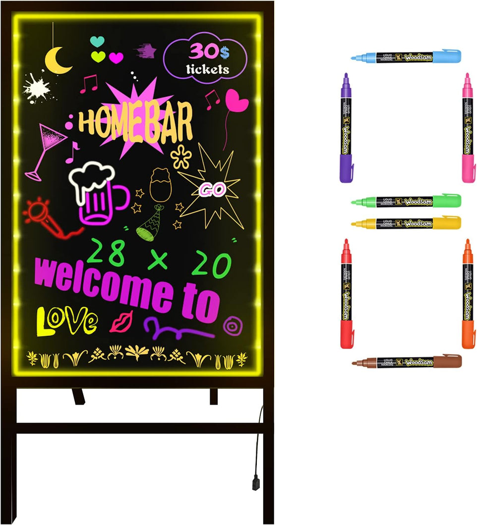 Woodsam Standing LED Board Sign - First Illuminated Easel with Neon Chalk Marker - Rustic Steel Vintage Decor for School, Wedding, Bar, Restaurant, Kitchen, and Home