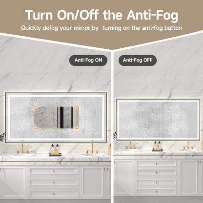 Black Frame LED Lighted Bathroom Mirror 72"x36", Anti-Fog, Memory Function, 3 Colors Dimmable