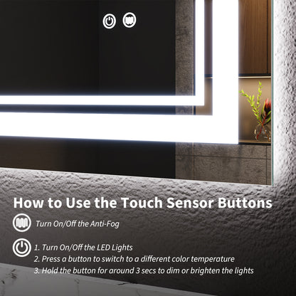 60"x40" LED Bathroom Mirror, Anti-Fog Memory Setting, 3 Colors Dimmable Lighted Bathroom Mirror Wall Mounted