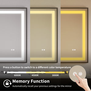 Woodsam LED Bathroom Mirror with Black Frame, Front Lights Dimmable Wall Mounted Large LED Lighted Mirror, 3 Colors, Anti Fog, Memory Function, Shatterproof, Vertical and Horizontal