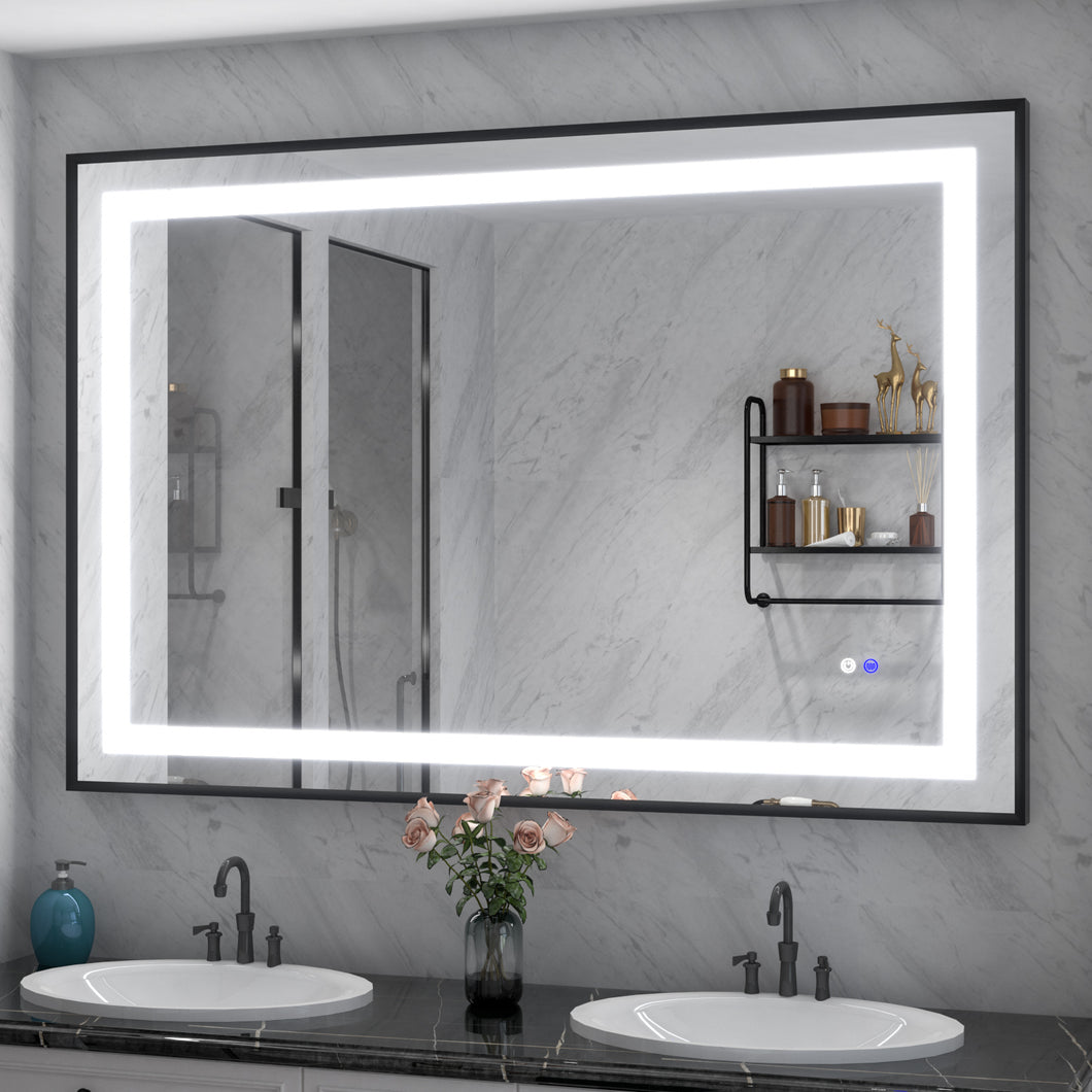 Woodsam LED Bathroom Mirror with Black Frame, Front Lights Dimmable Wall Mounted Large LED Lighted Mirror, 3 Colors, Anti Fog, Memory Function, Shatterproof, Vertical and Horizontal