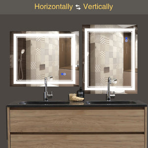 Large Mirror Wall-Mounted Mirrors with Dimmable LED Lights - Anti Fog Mirror for Makeup Shower Horizontal/Vertical Installed Frameless Bathroom Mirror