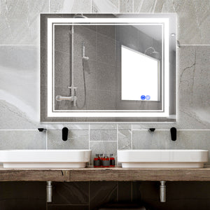 Large Mirror Wall-Mounted Mirrors with Dimmable LED Lights - Anti Fog Mirror for Makeup Shower Horizontal/Vertical Installed Frameless Bathroom Mirror