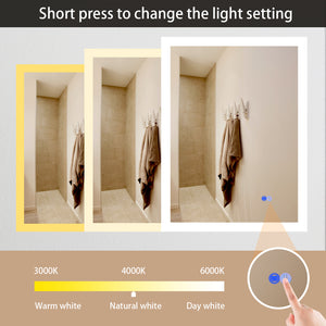 Large Mirror Wall-Mounted Mirrors with Dimmable LED Lights - Anti Fog Mirror for Makeup Shower Horizontal/Vertical Installed Frameless Bathroom Mirror