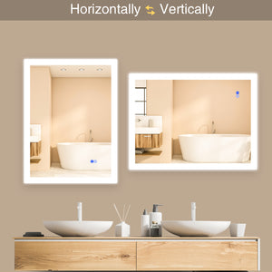 Large Mirror Wall-Mounted Mirrors with Dimmable LED Lights - Anti Fog Mirror for Makeup Shower Horizontal/Vertical Installed Frameless Bathroom Mirror