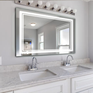 Large Mirror Wall-Mounted Mirrors with Dimmable LED Lights - Anti Fog Mirror for Makeup Shower Horizontal/Vertical Installed Frameless Bathroom Mirror
