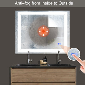 Large Mirror Wall-Mounted Mirrors with Dimmable LED Lights - Anti Fog Mirror for Makeup Shower Horizontal/Vertical Installed Frameless Bathroom Mirror
