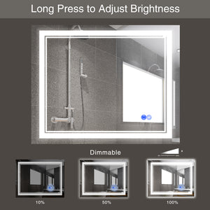 Large Mirror Wall-Mounted Mirrors with Dimmable LED Lights - Anti Fog Mirror for Makeup Shower Horizontal/Vertical Installed Frameless Bathroom Mirror