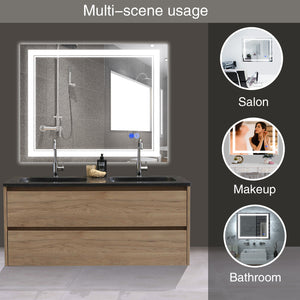 Large Mirror Wall-Mounted Mirrors with Dimmable LED Lights - Anti Fog Mirror for Makeup Shower Horizontal/Vertical Installed Frameless Bathroom Mirror